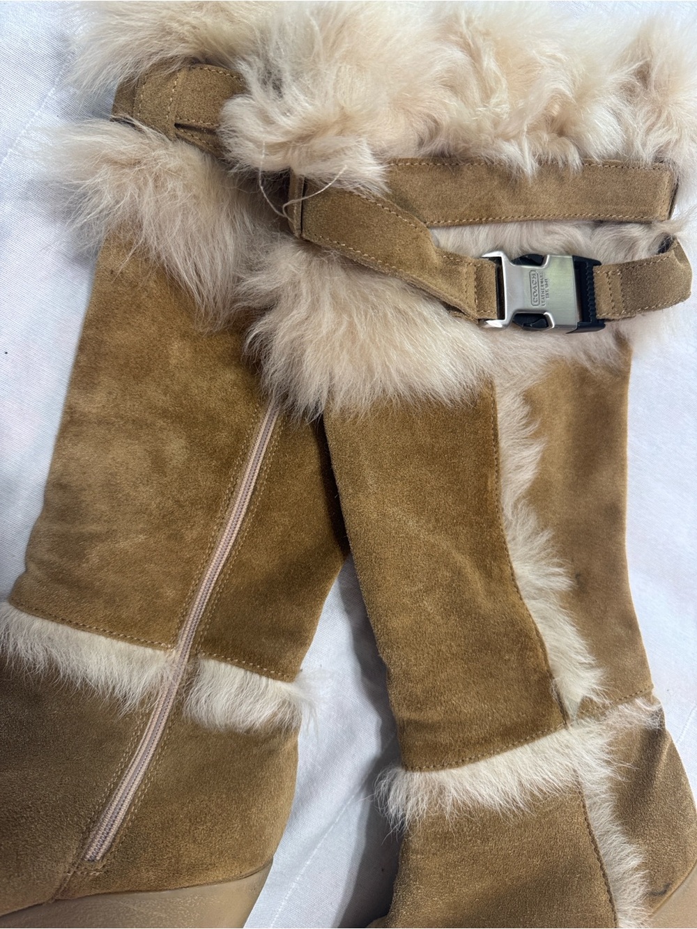 Coach Tan Suede Wedge Boots with Faux Fur Trim